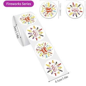 Thank You Sticker Labels 500 labels on roll. Fireworks design 1.5”x1.5” NWT